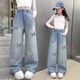 thumbnail image 4 of Cowsor Girls Baggy Jeans Distressed Denim Pants Elastic Waist Wide Leg Jeans for Girls Kids Loose, 4 of 4