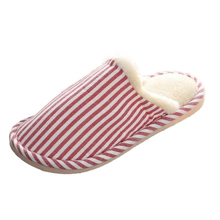 

Chiccall Winter Warm Slippers Comfy Stripe Faux Fur House Shoes Scuff Memory Foam Slip on Anti-Skid Sole Indoor Outdoor House Slippers for Women and Girls on Clearance