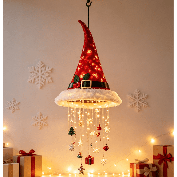 Lighted Belted Santa Hat Hanging Chandelier, Warm Twinkling LED String Light, Christmas Home Accent Decor & Holiday Present for Family