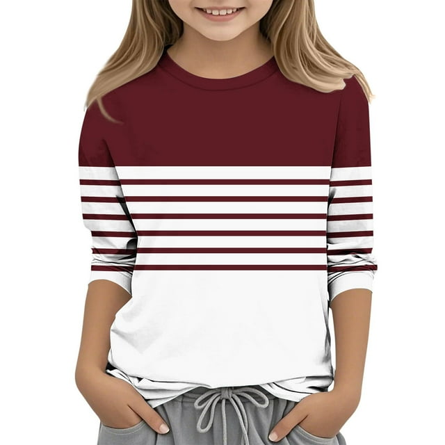 YUNAFFT T-Shirt Décontracté à Rayures pour Filles et Garçons, Manches 3/4, Col Ras du Cou, Tissu Extensible Type Coton, 3-14 Ans