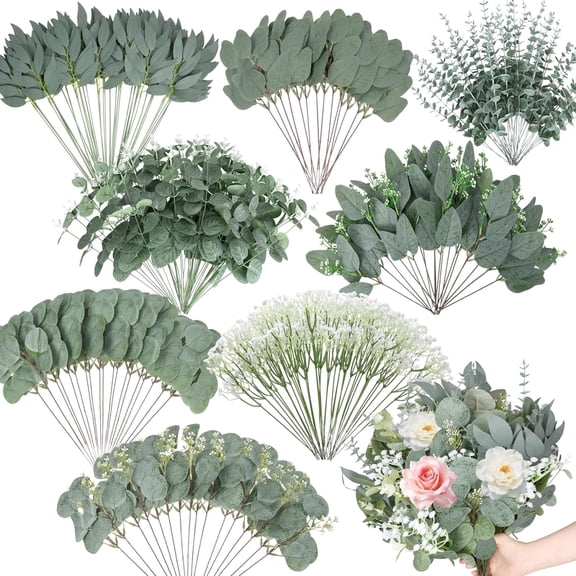 200-Piece Assortment of 8 Types of Artificial Eucalyptus Stems, Faux Plant Greenery for DIY Bouquets, Floral Arrangements, and Wedding Party Decor