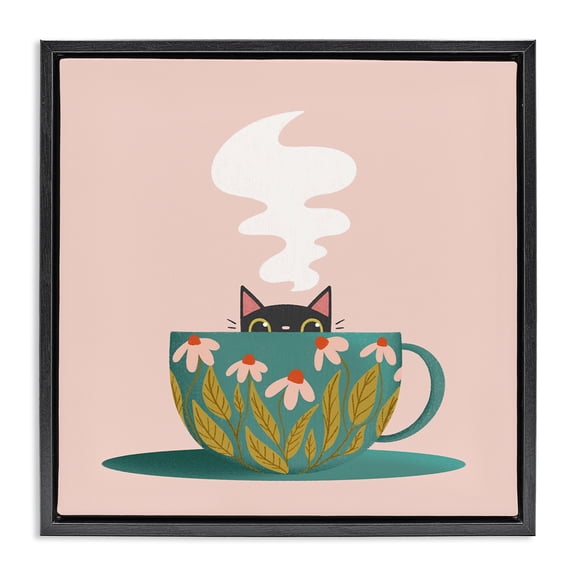 Stupell Industries Cottage Cat Peeking Over Teacup Black Floating Frame Canvas Art, 18 x 18, by Sarah Hickman