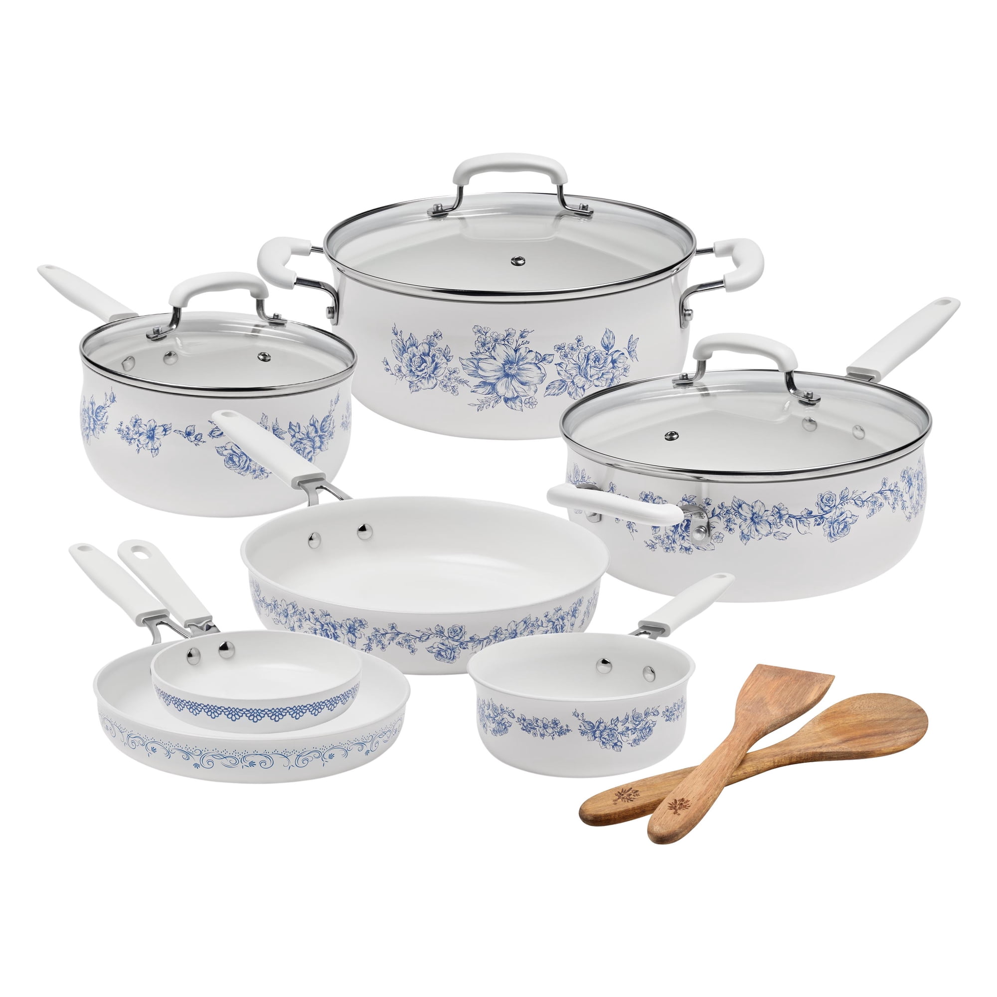 The Pioneer Woman 12-Piece Classic Aluminum Cookware Set, PFAS-Free Ceramic Nonstick, Pots and Pans Set with Decal Pattern, Agatha Blue