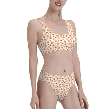 Uemuo 70s Retro Flowers Printed Women s High Waisted Bikini Sets Sporty Two Piece Swimsuits Color Block Cheeky High Cut Bathing Suits-X-Large