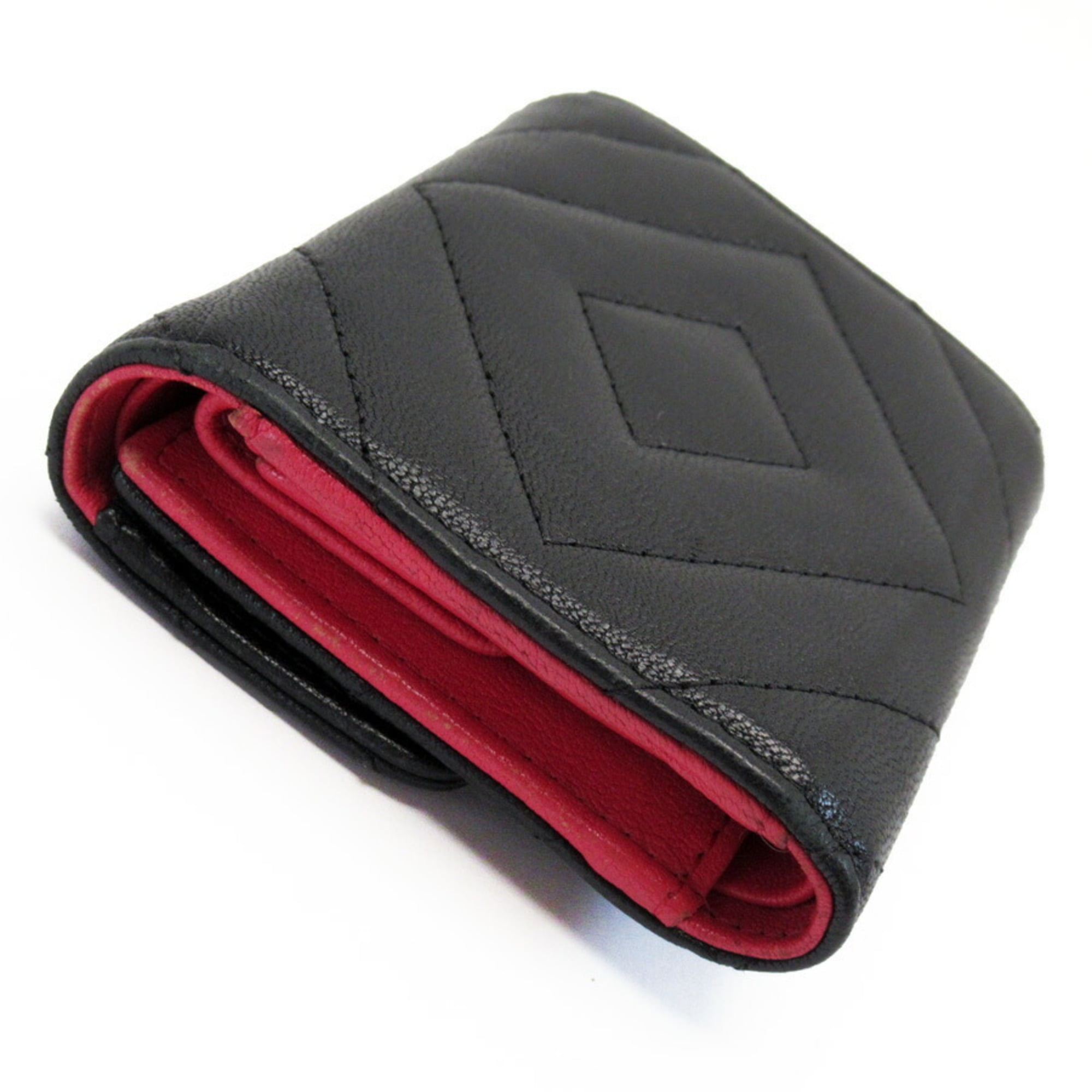 Pre-Owned Chanel CHANEL Tri-Fold Wallet 2.55 Chevron V Stitch Black Pink  Lambskin A82723 (Good) 