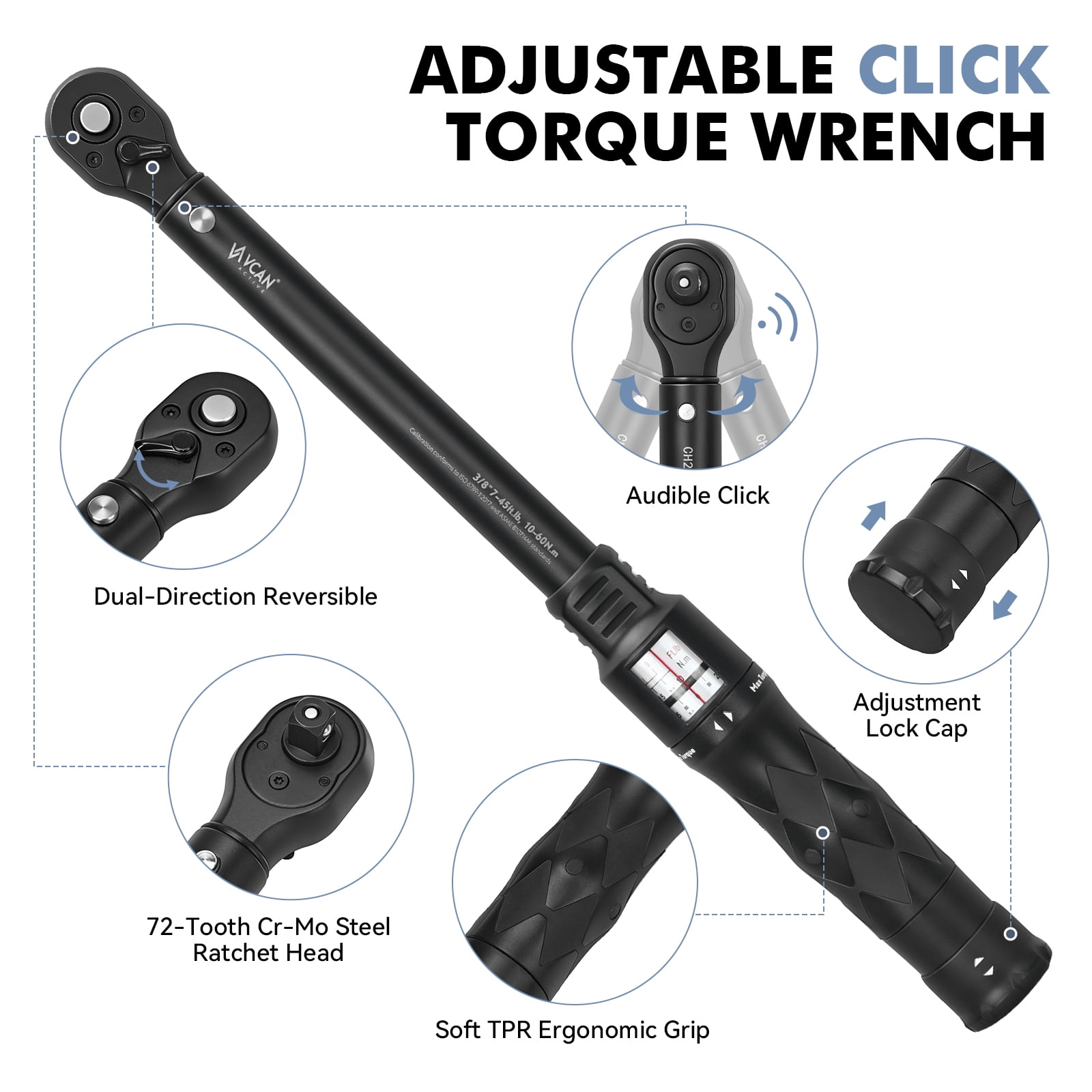 3/8" Drive Click Torque Wrench Set 10-60 Nm 72-Tooth with 1/2" Adapter & 3" Extension