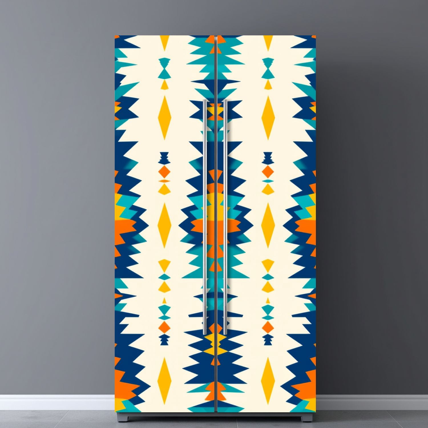 Self Adhesive Vinyl Refrigerator Wrap Set Timeless bohemian diamonds southwestern style blue teal Door Mural Removable Fridge Sticker Peel and Stick&nbsp;Full Door Cover Decal Kitchen Bar Decor
