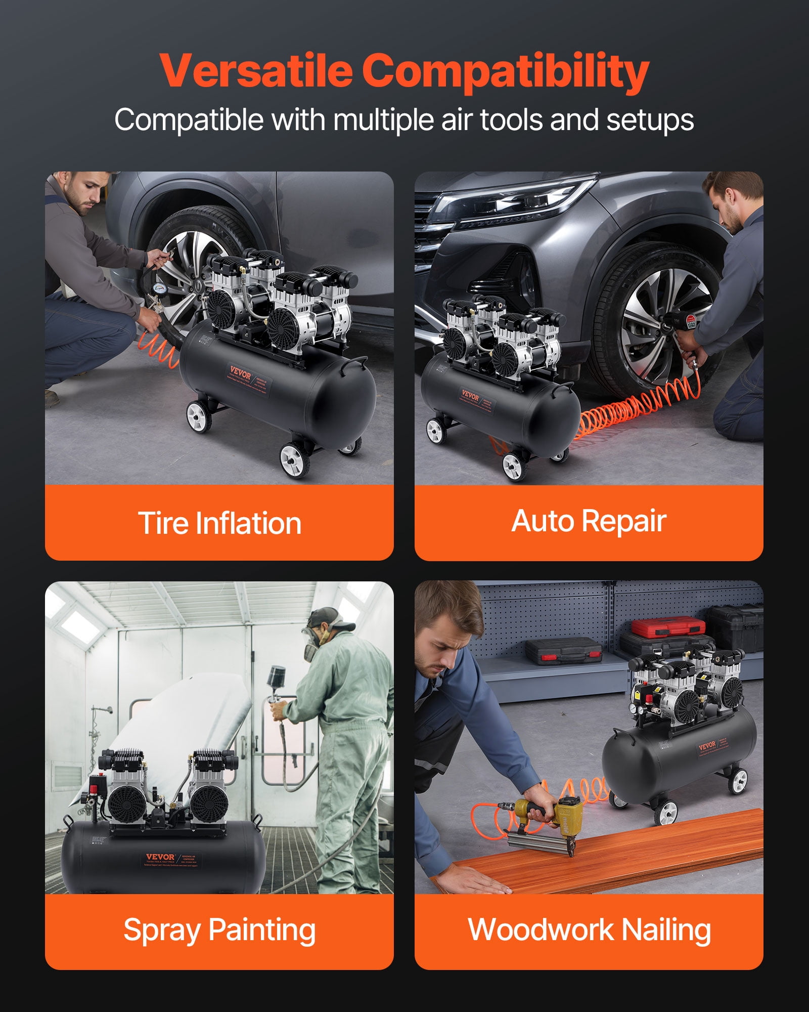 VEVOR Air Compressor, 20 Gallon Steel Tank, 4HP 10.6 CFM@90 PSI Oil Free Air Compressor & Max. 125PSI Pressure, 78dB Ultra Quiet Portable Compressor, for Auto Repair, Tire Inflation, Spray Painting