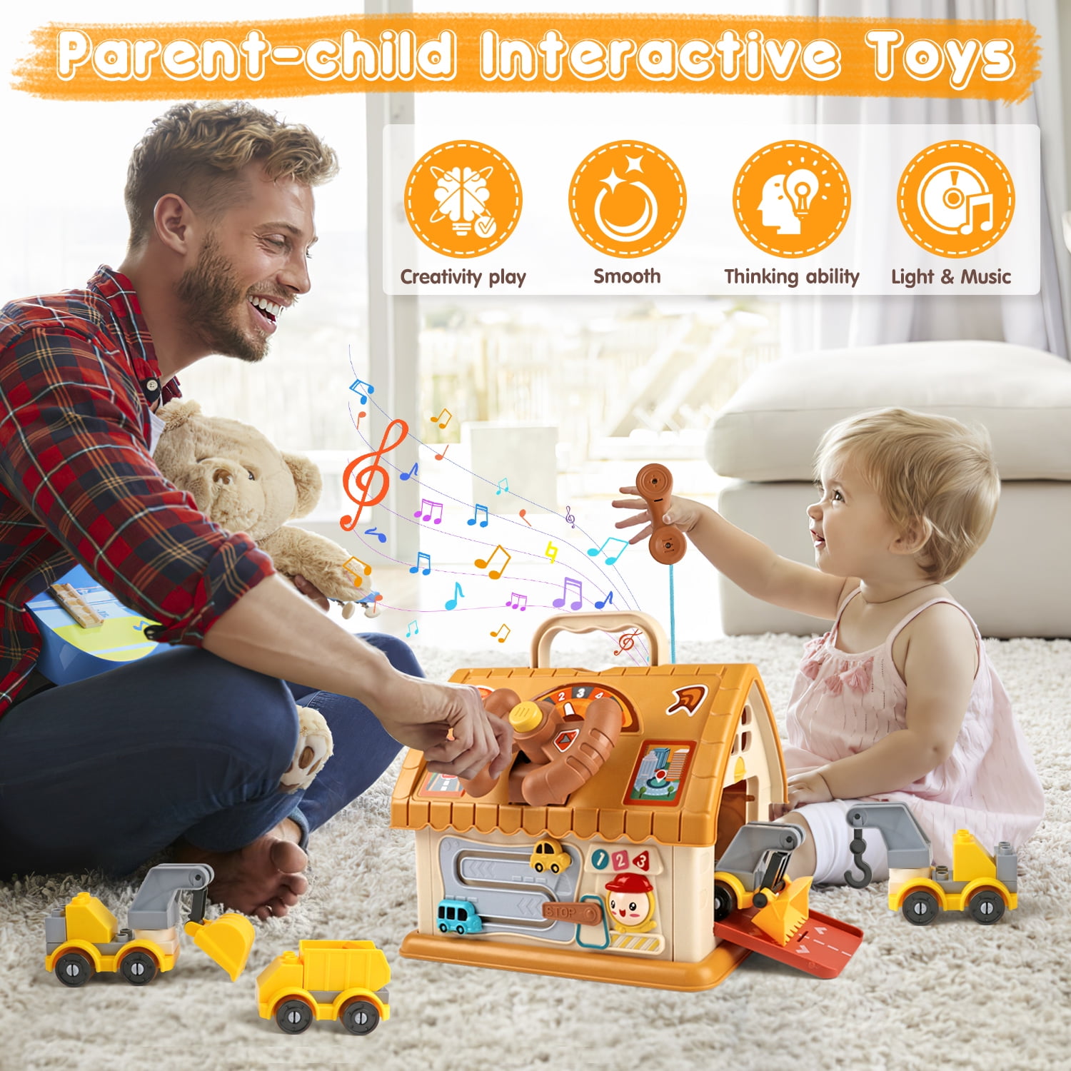 Huge Wave Toddler Montessori Toys for 1+ Year Old, 8-in-1 Multi-Functional Learning House, with 4 Building Cars and Map, Sound & Light Early Educational Kids Christmas Gifts