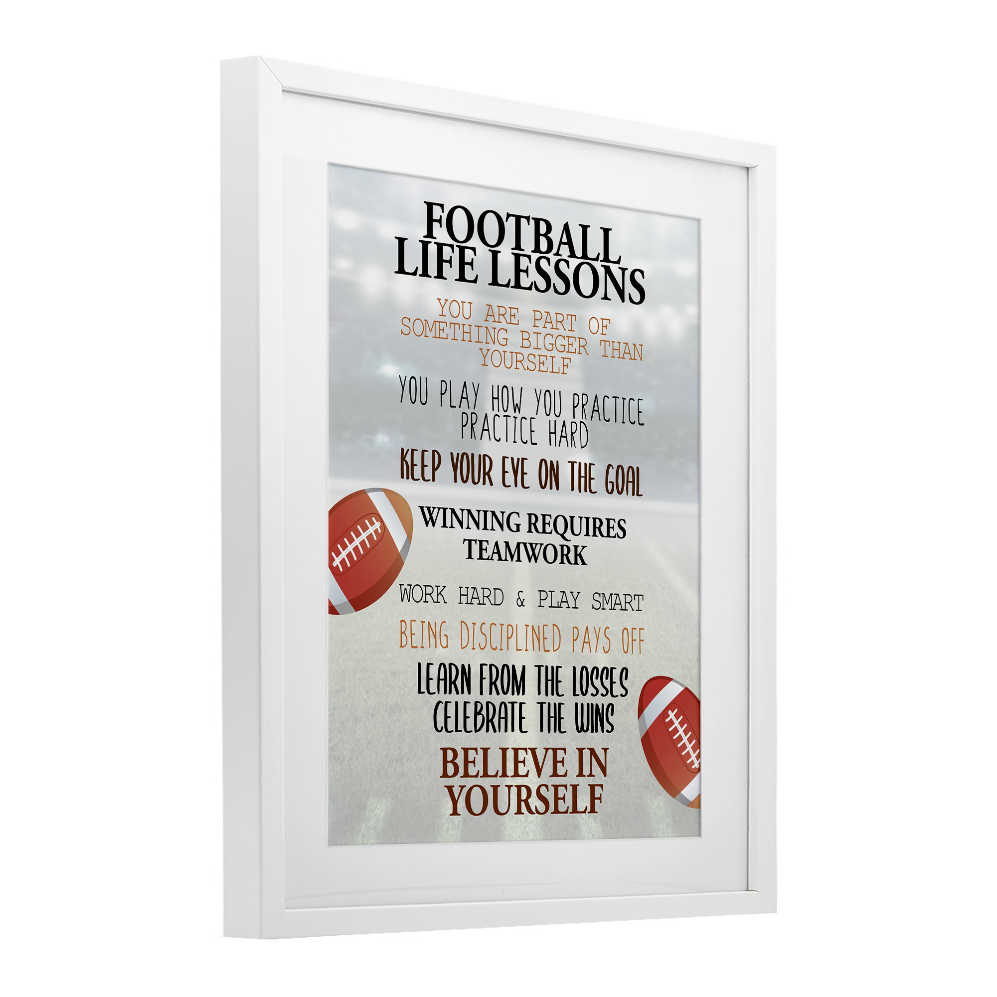 Football Life Lessons White Framed Print Under Glass, design by Kim Allen