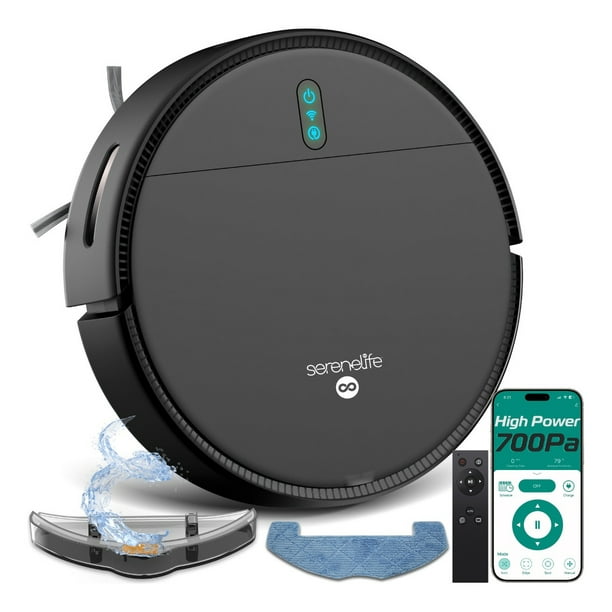 Robot Aspiradora y Trapeador Inteligente SereneLife, Control por App, Sensores Anticaída, Autocargable, 3 Modos de Limpieza, Succión de 700Pa, Ideal para Pelo de Mascotas, Alfombras y Pisos Duros