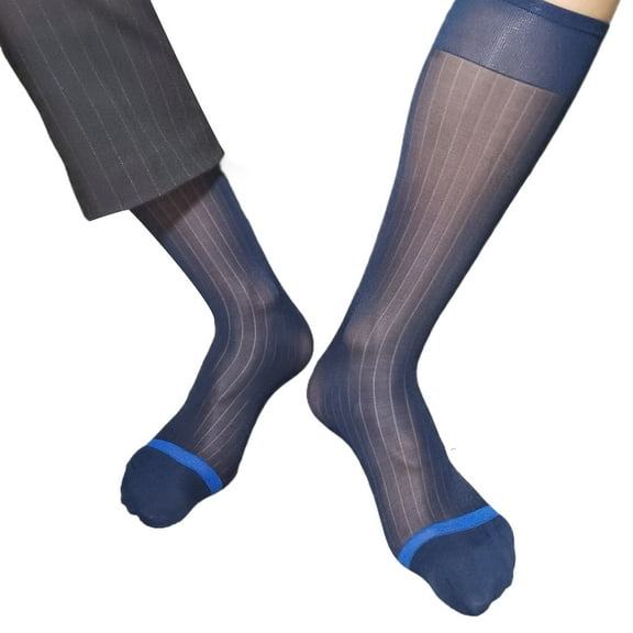 Mens Nylon Sheer Suit Sock Business Dress Socks High Elastic Striped See Through Thin Formal Dress Tube Stockings
