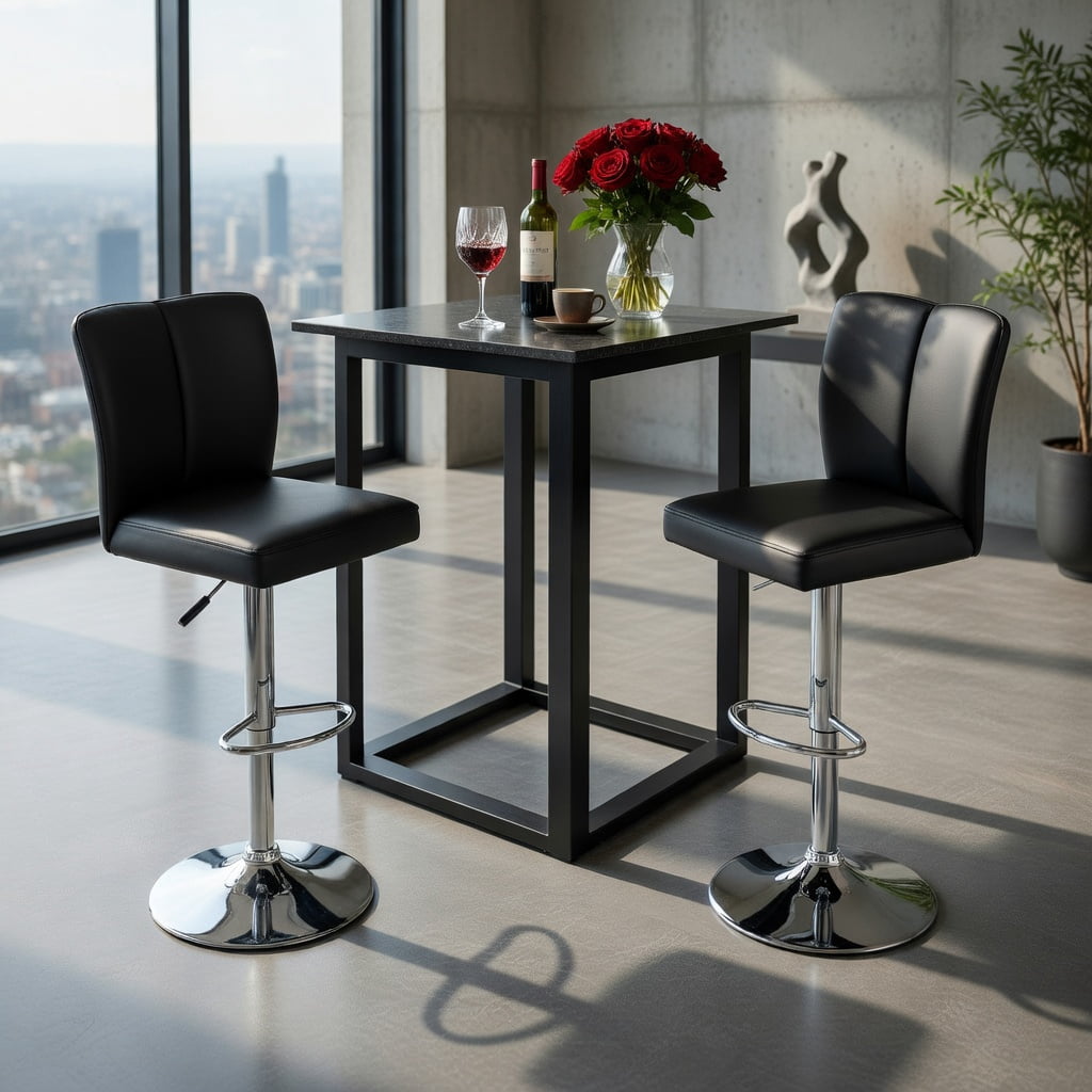 Hommoo 2-Piece Modern PU Leather Bar Stools with Adjustable Height, 360° Swivel & Trumpet Silver Metal Legs, Contemporary Kitchen, Bar & Lounge Seating, Black