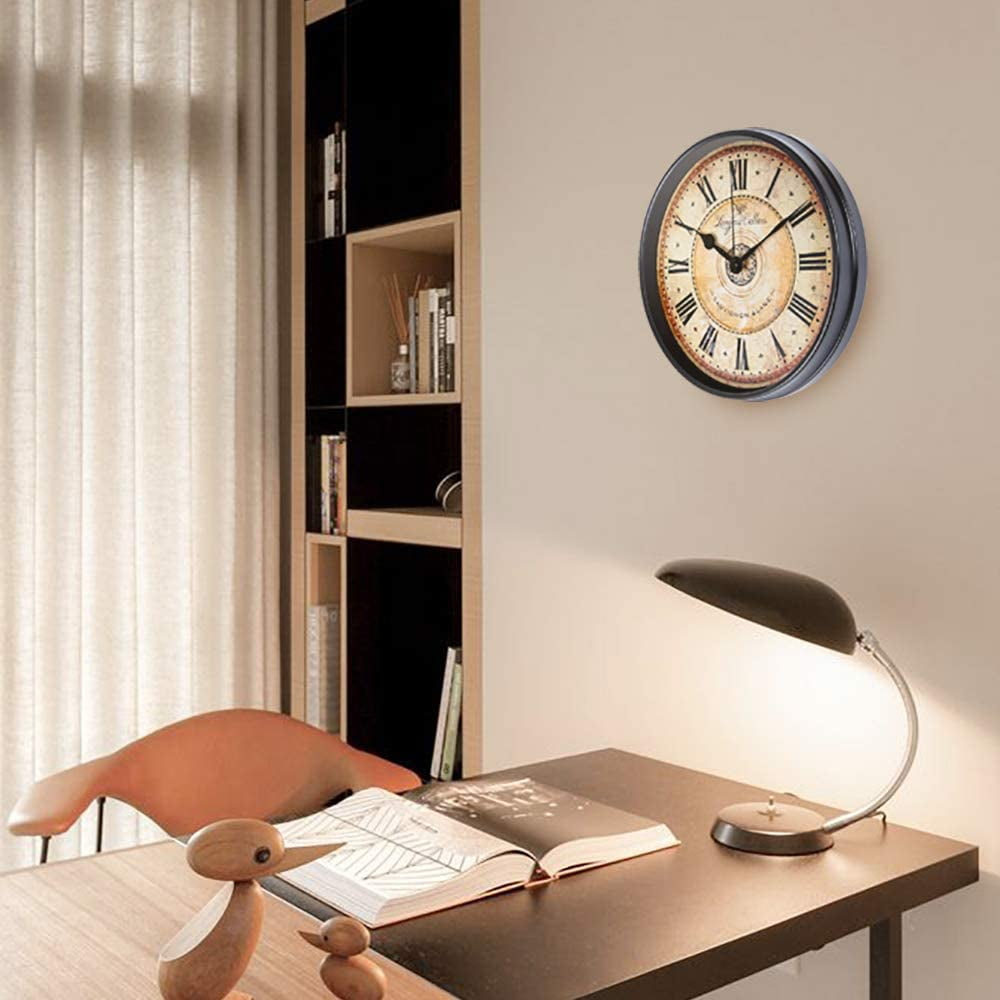 Wall Clock, 12 inch Metal Black Wall Clock European Style Retro Vintage Clock Non - Ticking Whisper Quiet Battery Operated with HD Glass Easy to Read for Indoor Decor