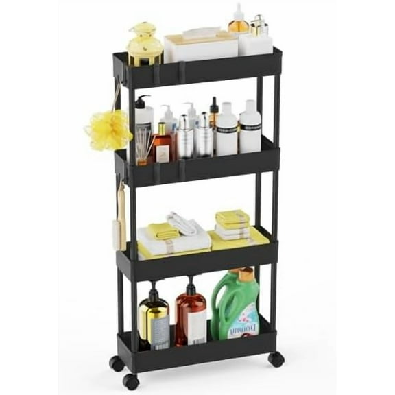5.1" Slim Storage Cart - 4 Tiers Bathroom Organizer Mobile Shelving Unit Storage Rolling Utility Cart Slide Out Organizer for Kitchen Bathroom Laundry Narrow Places
