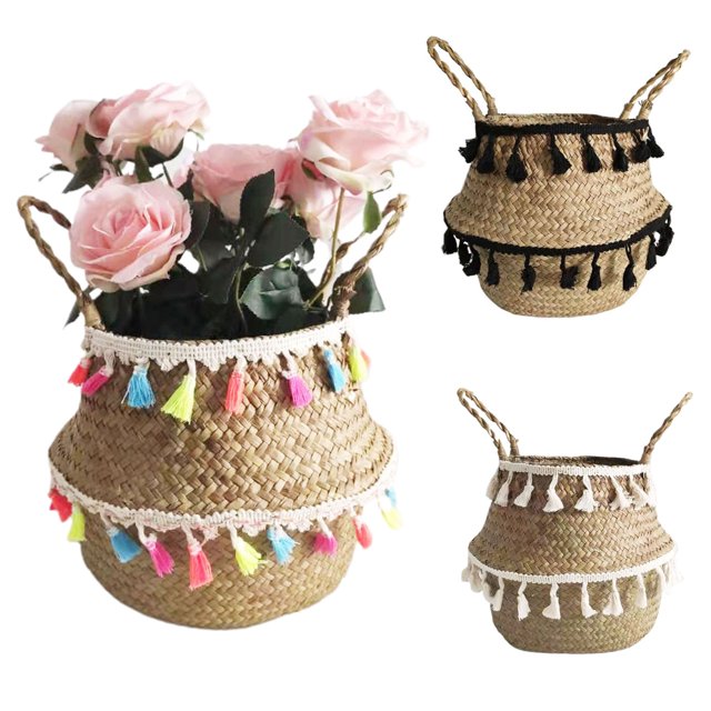 Handmade Tassel Faux Seagrass Sundries Storage Basket Household Pot Container