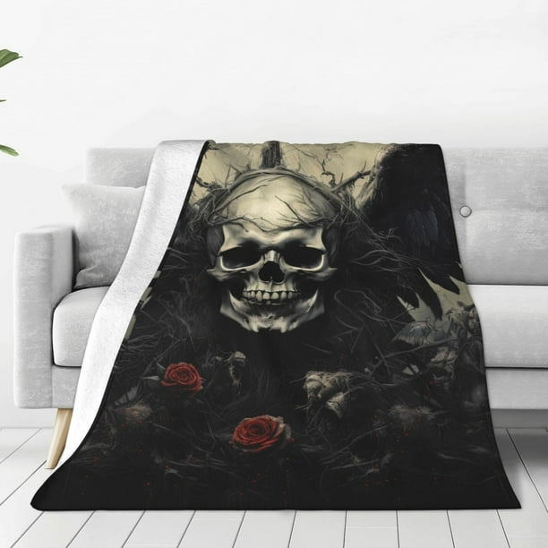 Balery Vintage Winged Rose Skull Manta de Felpa Suave y Acogedora – Cobija de Franela Aterciopelada para Cama, Lavable y Cálida para Sofá, Mascotas, Transpirable-80"x60"