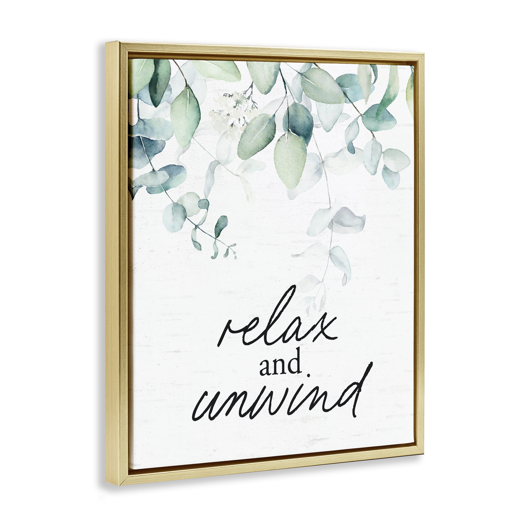 Relax And Unwind Herb Leaves Gold Framed Floater Canvas Wall Art, design by Lettered and Lined