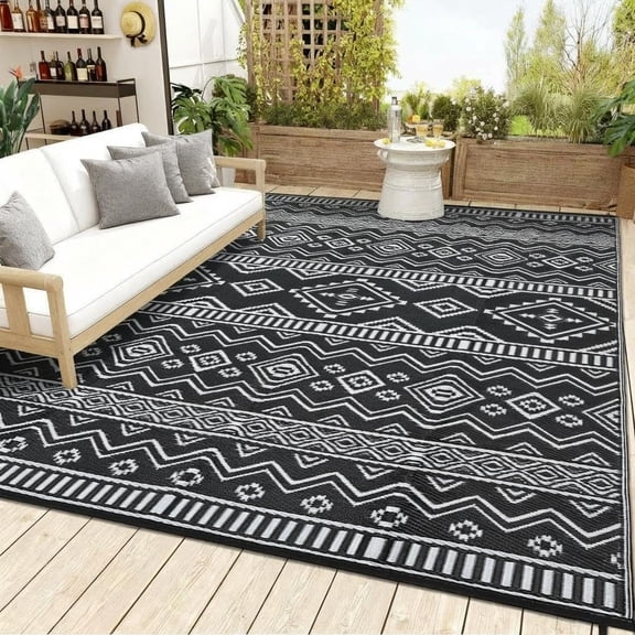 Black/White 9x18 Outdoor Waterproof Reversible Rug, Plastic Straw RV Mat, Stain-Resistant Indoor Outdoor Carpet for Patio, Deck, Balcony, Picnic & Beach