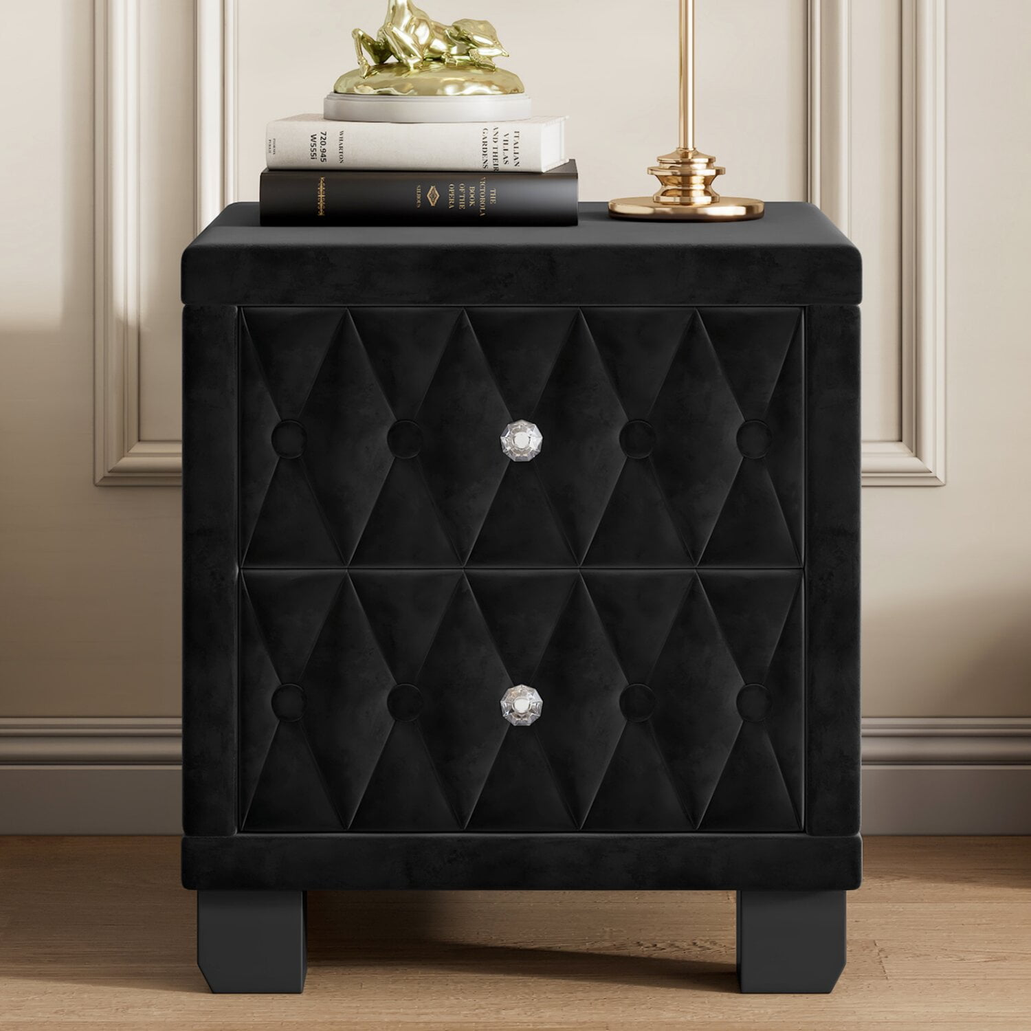 18.1" Velvet Nightstand with 2 Drawers, Modern Button Tufted Bedside Table with Crystal Handles and Glam Storage Cabinet for Bedroom, Living Room, Apartment, Guest Room, Black