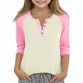 thumbnail image 1 of Cowsor Girl's Casual 3/4 Sleeve T Shirts Button V Neck Tunic Blouses Color Block Basic Tee Tops Loose Fit Summer Shirt, 1 of 6