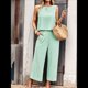 thumbnail image 5 of Conjunto de Dos Piezas de Verano para Mujer: Top Corto Sin Mangas con Cuello Redondo y Pantalones Anchos con Bolsillos. Verde S, 5 of 10