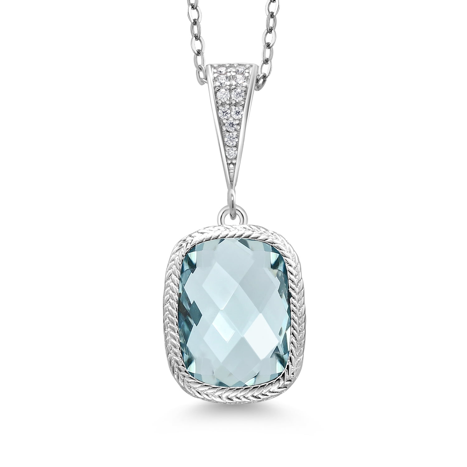 Gem Stone King 2.30 Cttw Simulated Aquamarine Pendant Necklace for Women | 925 Sterling Silver | 13X9MM Cushion Checkerboard Cut | With 18 inch Chain