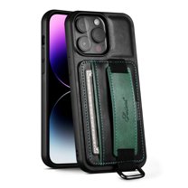 ELEHOLD Premium Leather Case for iPhone 14 Pro Max,Card Slot Wallet Kickstand Elastic Wristband Metal Ring Full Body Shockproof Protection Anti-Scratch Wallet Case,Black