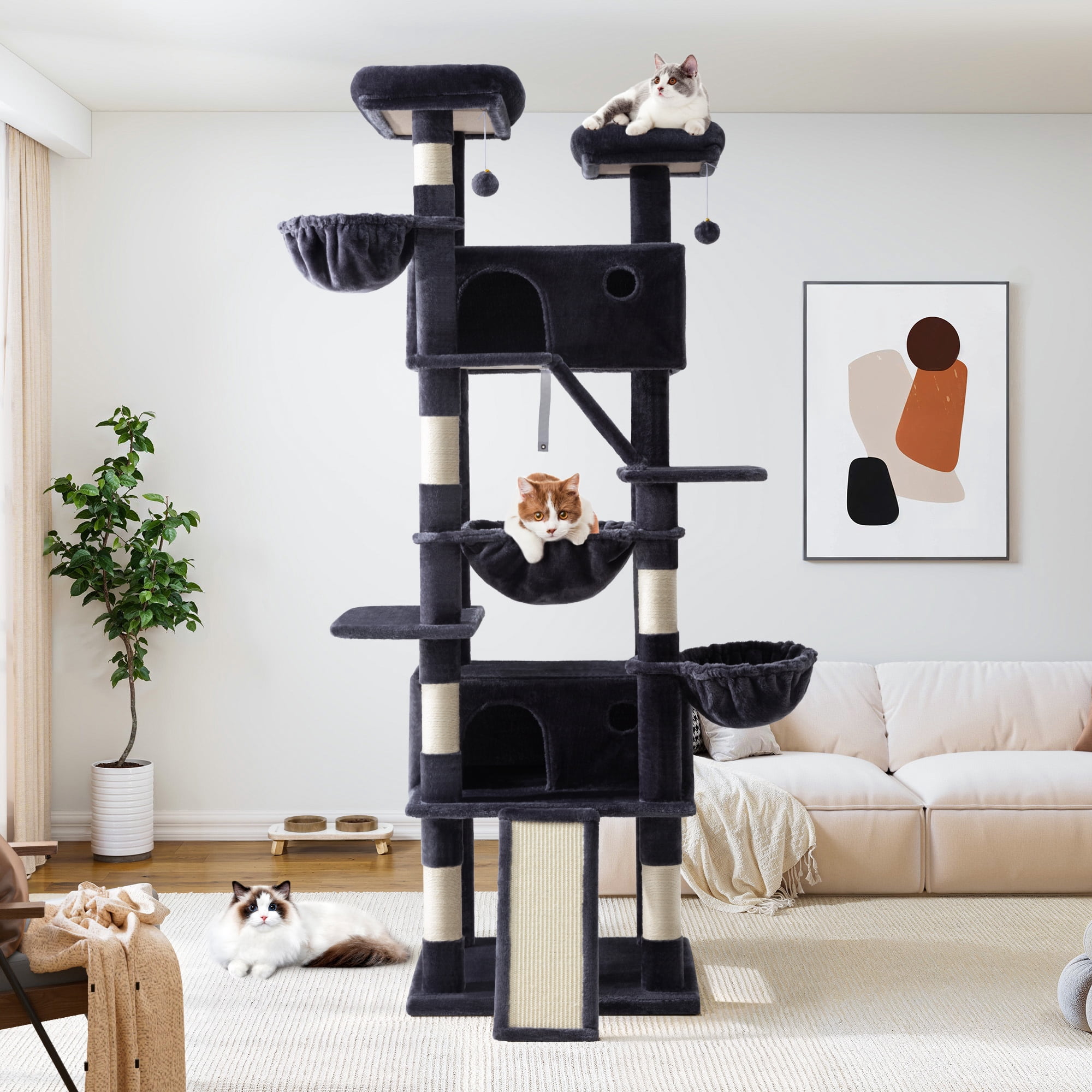 Allewie 81 Inches Multi-Level Tall Cat Tree for Large Cat, Cat Climbing Tree with Cat Condo and Hammock, Scratching Post, Wide Base, Blue