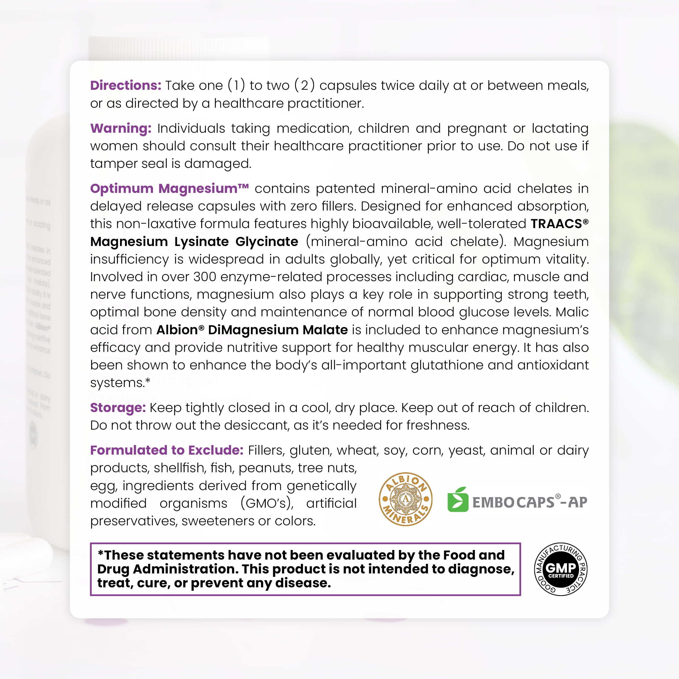 Optimum Magnesium™ - Magnesium Lysinate Glycinate Chelate Supplement, Di-Magnesium Malate Supplement by Pure TheraPro Rx - 120 Vegan Capsules