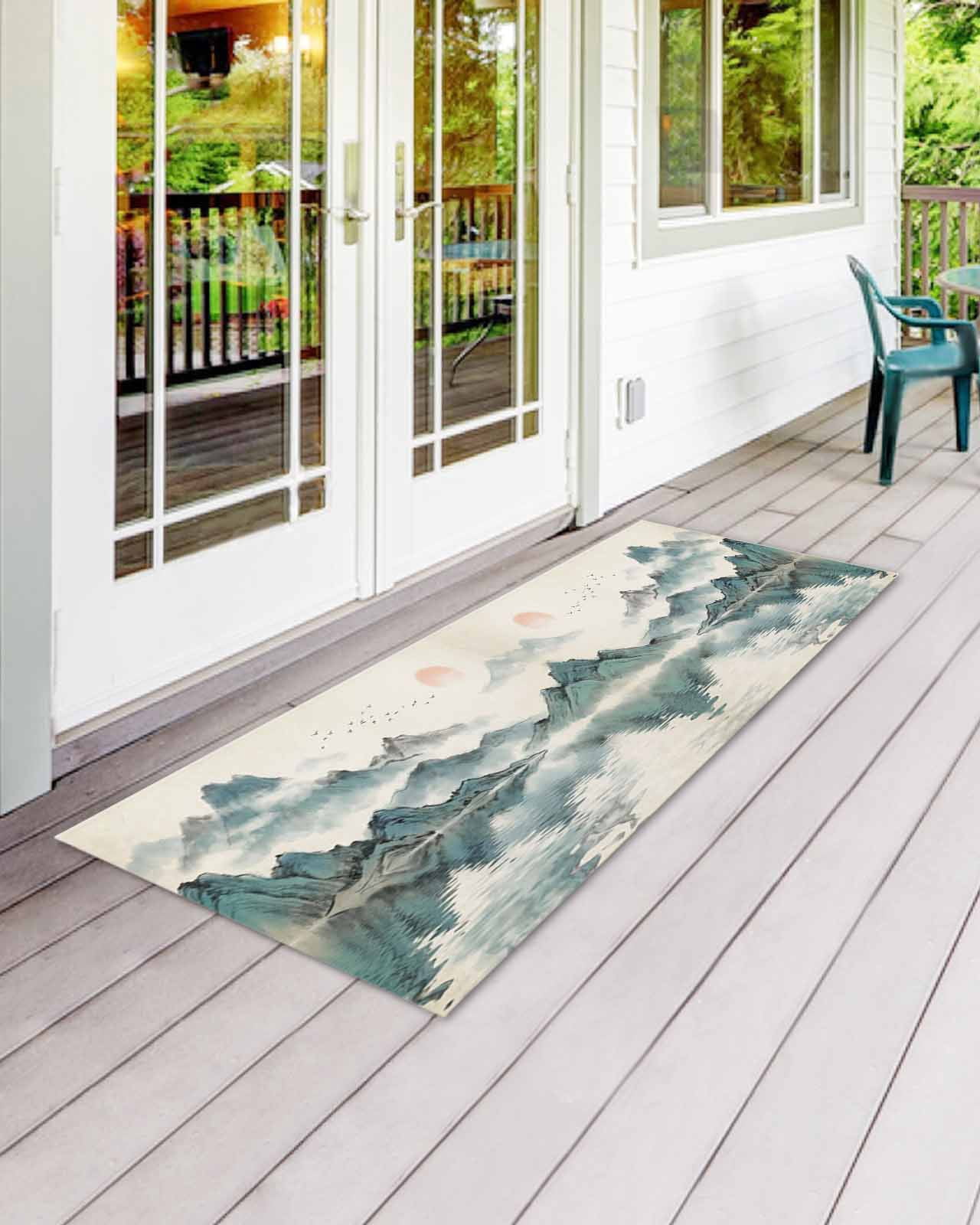 Oriental Front Door Mat Traditional Ethnic Art Chinese Landscape Ink Painting Welcome Doormat Indoor Outdoor Entrance Floor Mat Non-Slip Washable Runner Rug for Front Porch Decor 20x63 Inch