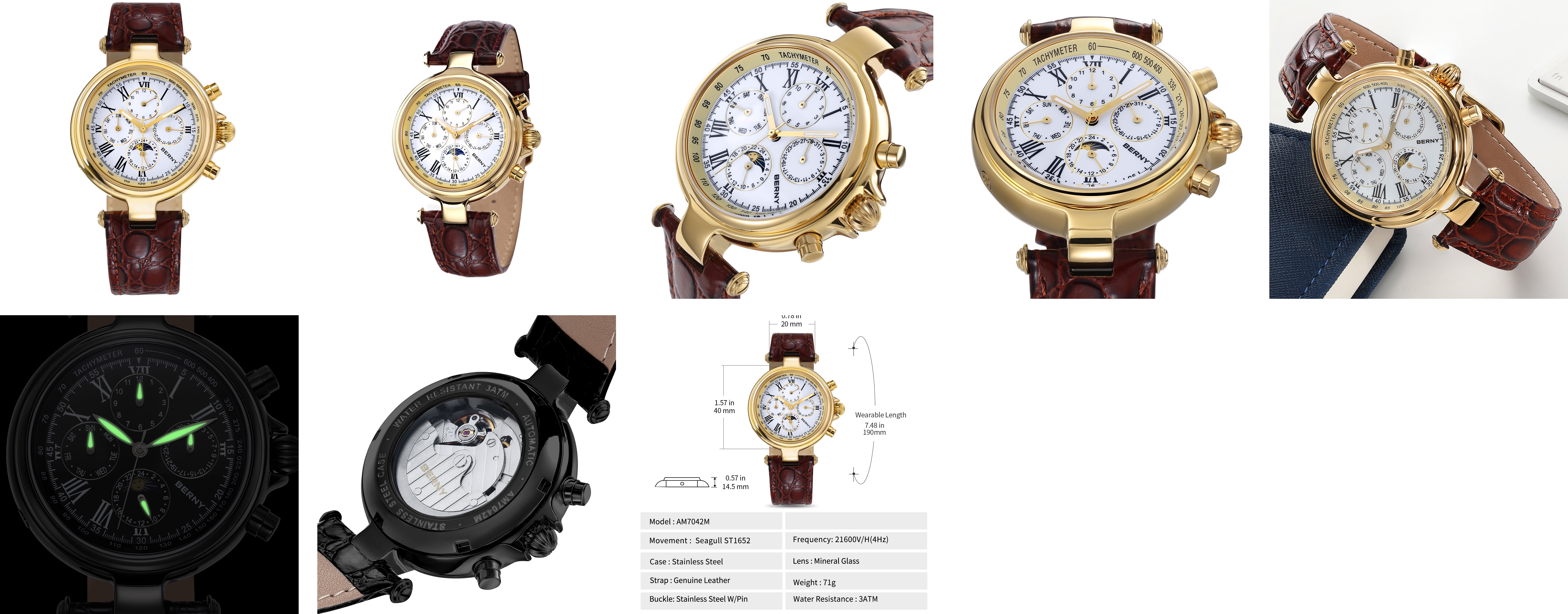 BERNY Automatic Watch for Men Classic Mechanical Self Winding Wristwatch 3ATM Waterproof Multi-Functional Dials Date, Week, Month and Moon Phase