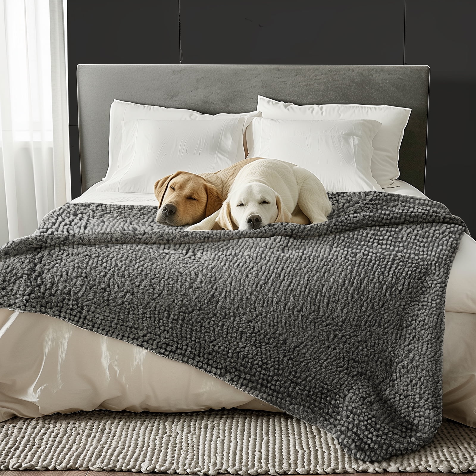 Muddy MatÂ® Dog Blanket - Chenille Water Absorption Blanket for Bed & Couch Cover for Dogs Washable, Anti-Slip Soft and Durable Furniture Protector for Dogs - Grey 52"x72"