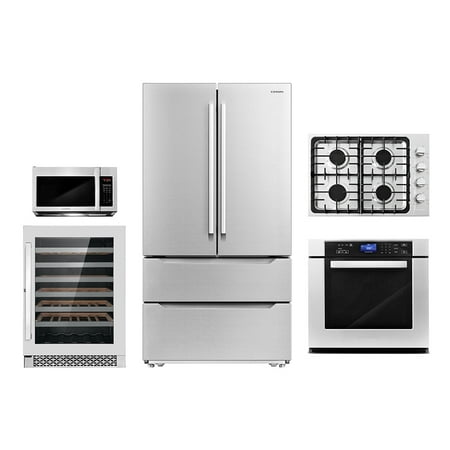 5 Piece Kitchen Package With 36  Gas Cooktop 36  Wall Mount Range Hood 30  Single Electric Wall Oven 30  Over-the-range Microwave & French Door Refrigerator