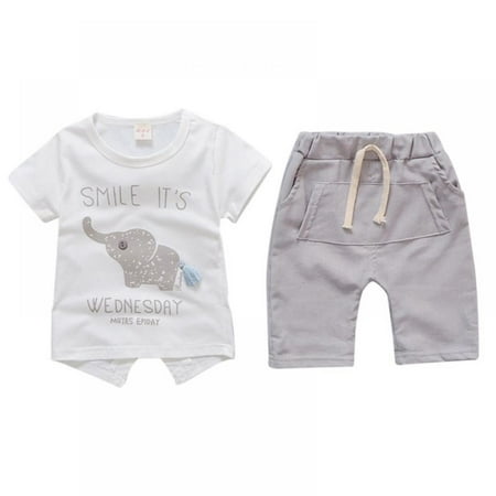 

Baby Boy Girl Short Sleeve Cartoon Elephant Print T-shirt Tee + Shorts 2 Pcs Summer Outfits Set