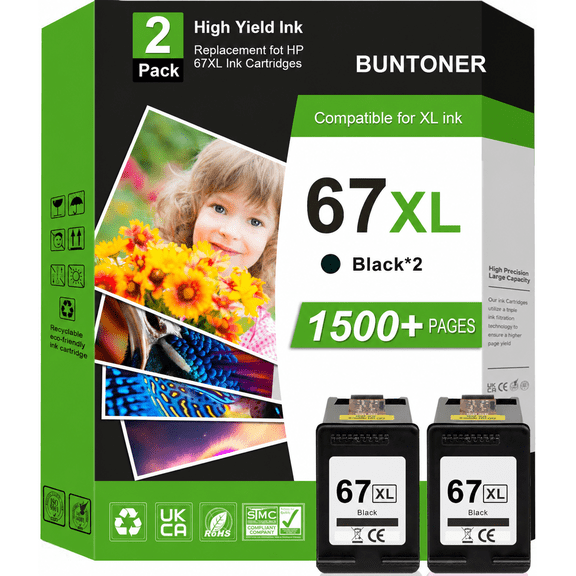 67XL Black Ink Cartridge Compatible for HP 67 Ink Cartridge for Deskjet 2755e 2855e 4155e 4255e Envy 6455e 6055 Printer (2 Black)