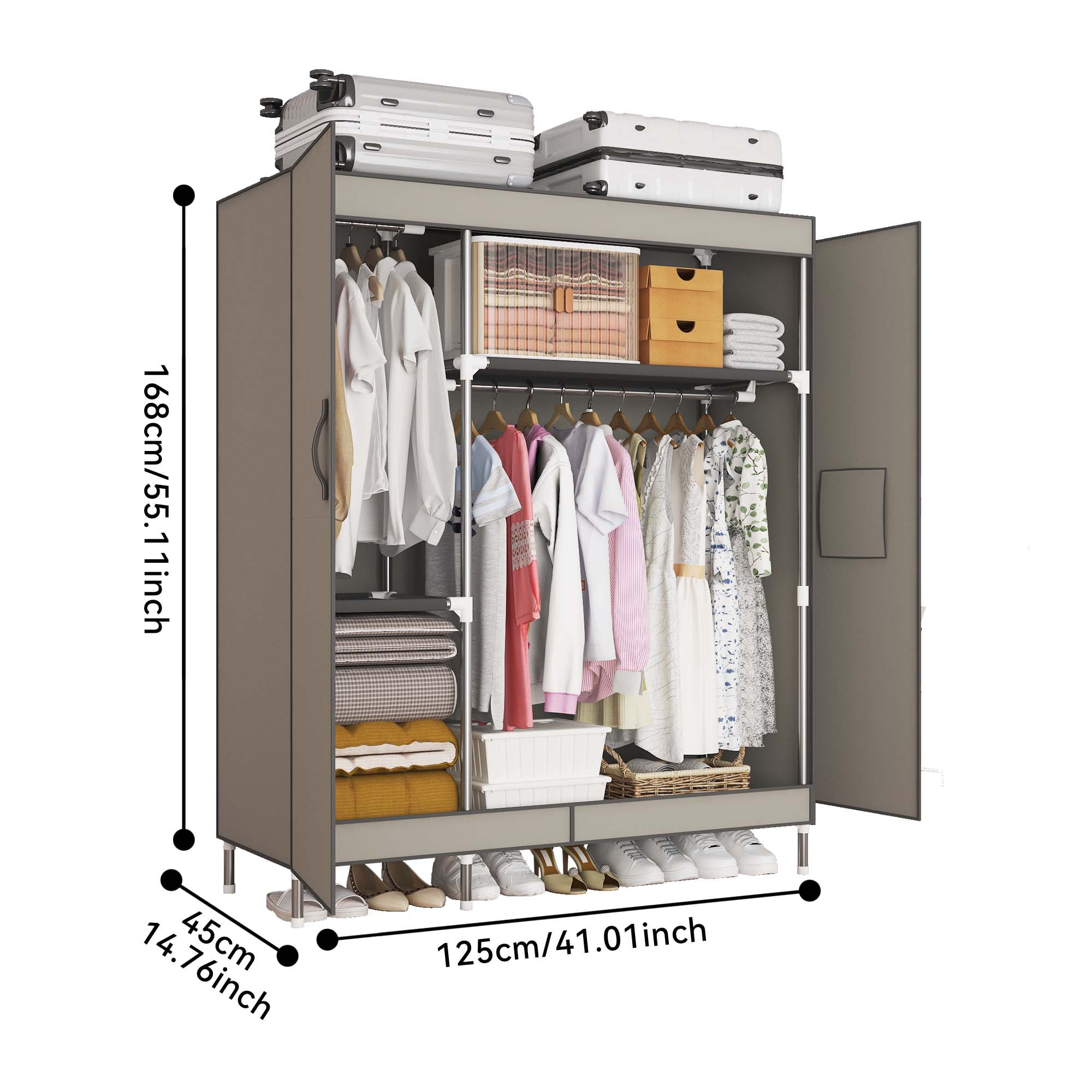 ArluKin 16mm Thick Galvanized Steel Rust - Proof Fabric Wardrobe, 125×45×168cm Multi - Scene Storage Closet with Magnetic Strips for Bedroom, Dorm, Apartment