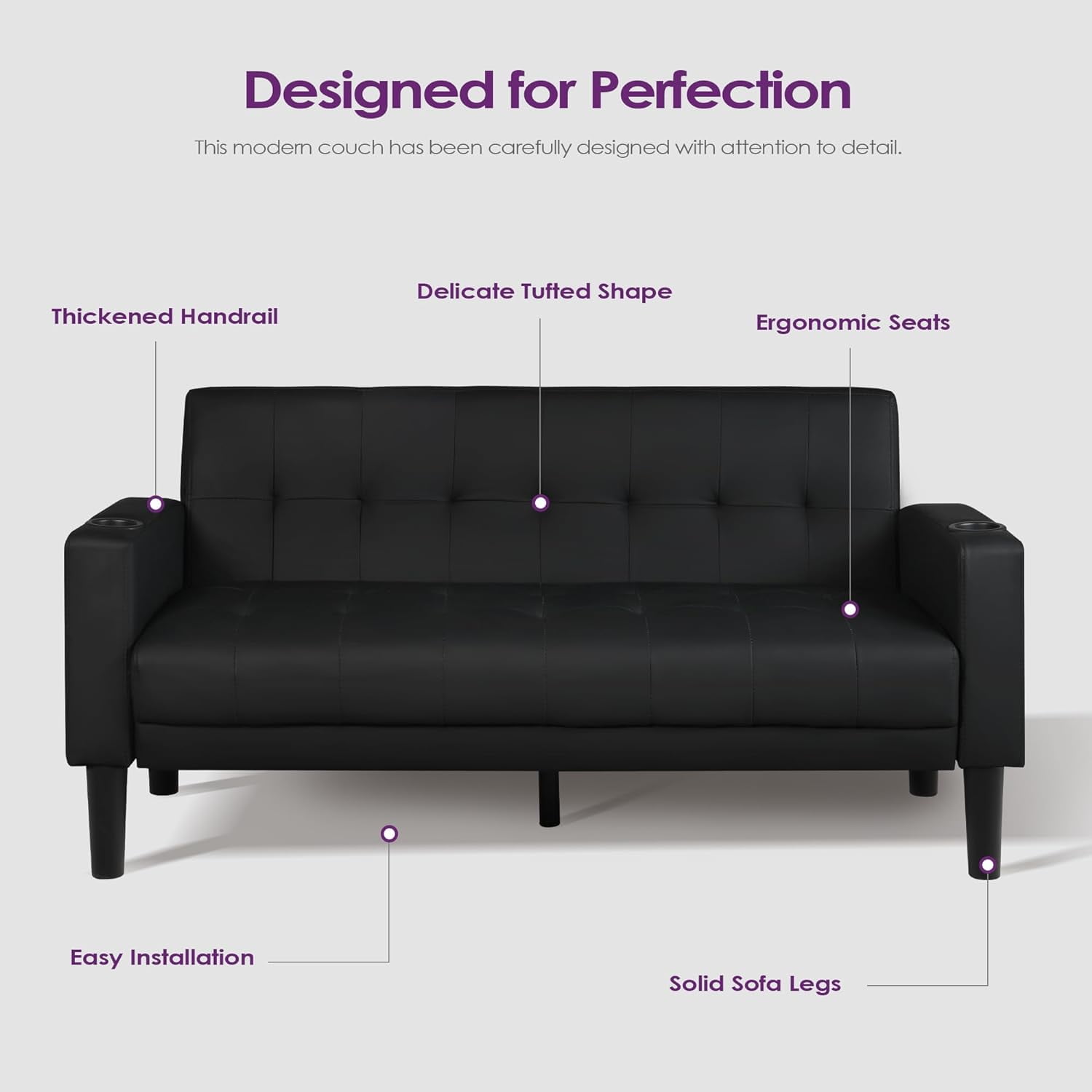 Coewske 62''W Faux Leather Sofa Couch Tufted Loveseat w/ 2 USB Charger Ports & Cup Holders Black
