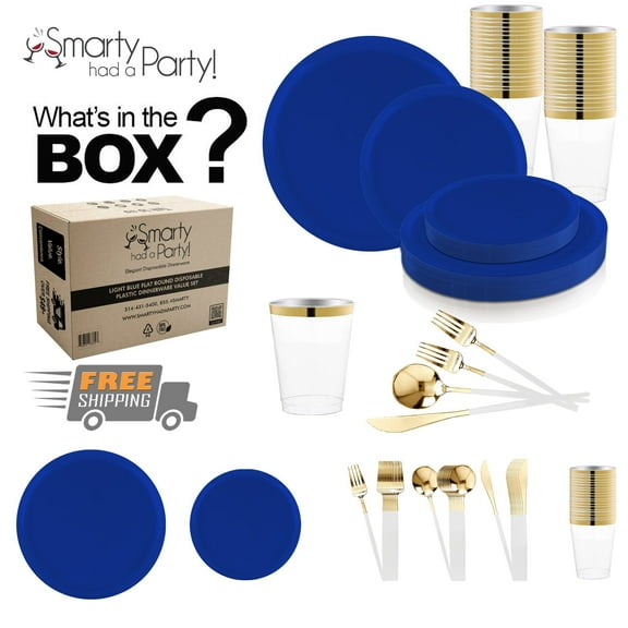 Smarty Solid Blue Flat Round Disposable Plastic Tableware Set (120 Guests)