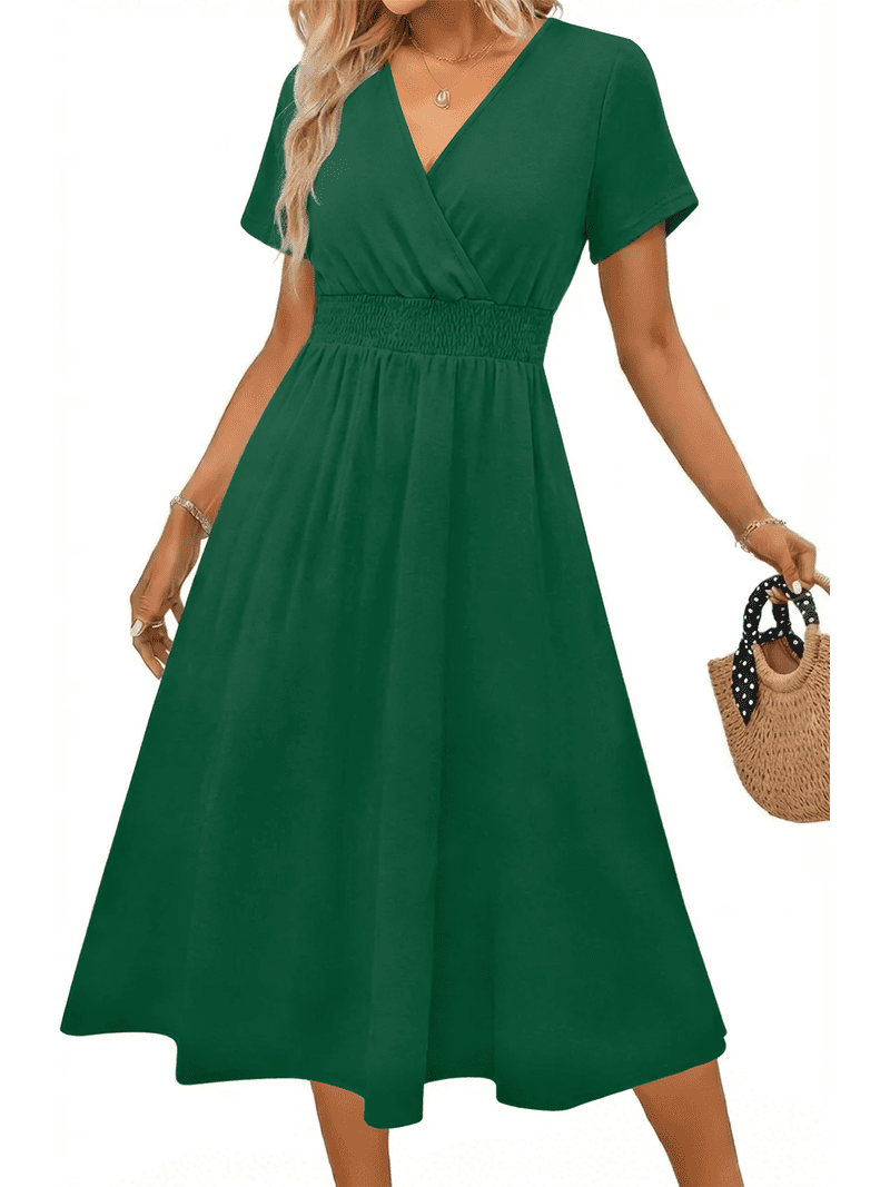 summer dresses for short ladies Uvn Women Summer Dresses Short Sleeve V Neck A-Line Midi Dress Ladies Boho Beach Floral Print Sundress, Women's, Size: XL, Green