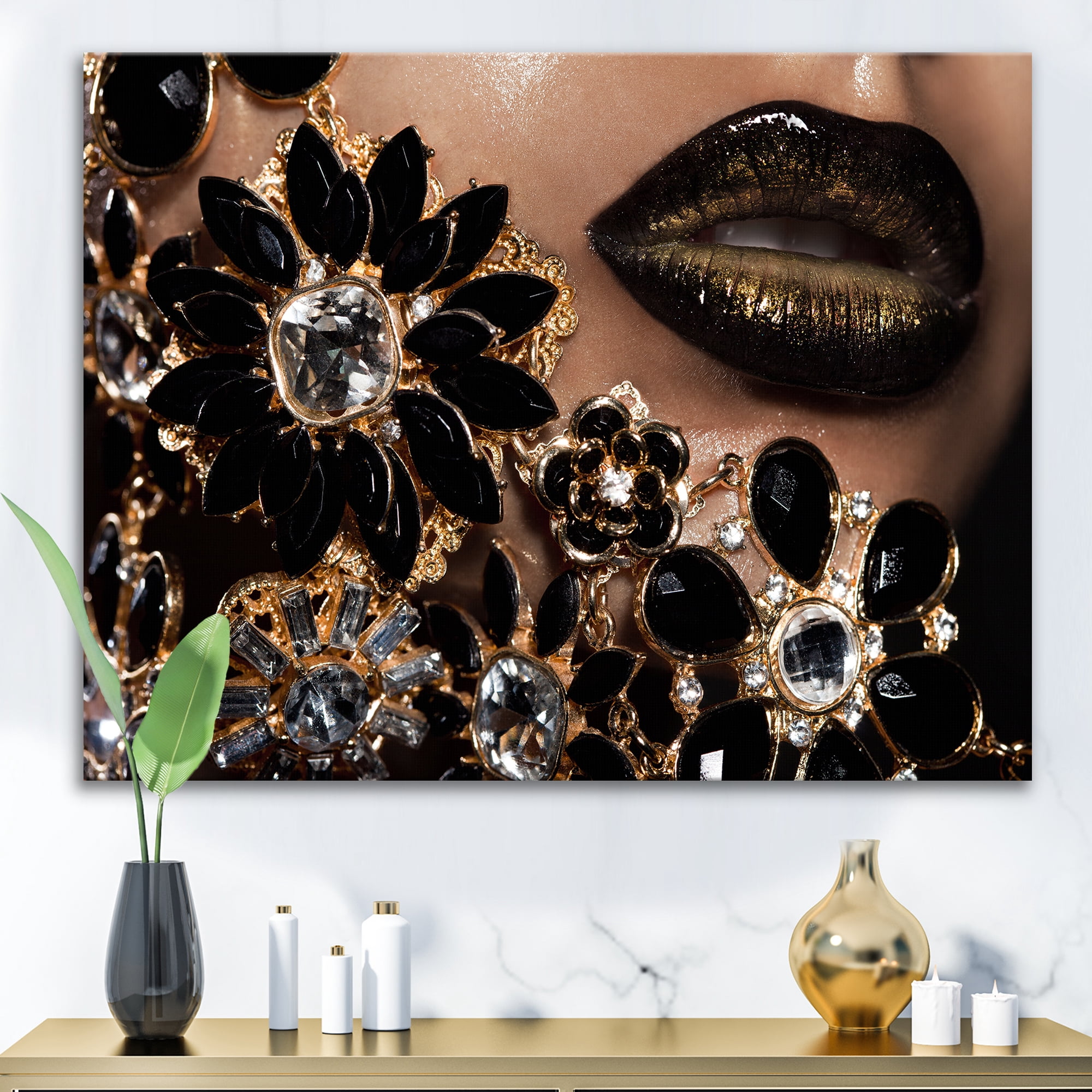 Designart ' Woman Lips With Golden Jewelry ' Modern Canvas Wall Art Print