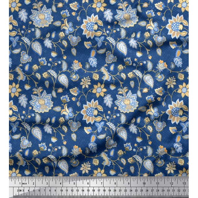 Soimoi Rayon Crepe Fabric Leaves & Floral Block Printed Fabric 1 Yard 46 Inch Wide