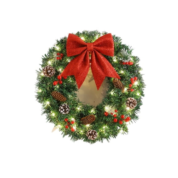 Lighted Christmas Wreath, 15.75 Inch Pre-Lit Pine Wreath with Red Bow, Pinecones and Red Berries, Warm White LED Door Wreath for Front Door Porch Holiday Decor