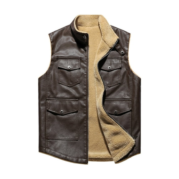 Chiccall Leather Motorcycle Vest for Men Fleece Lined 5 Pockets Adjustable Neck Full Zip Outerwear Vest Fashion Outdoor Casual Warm Sleeveless Jacket