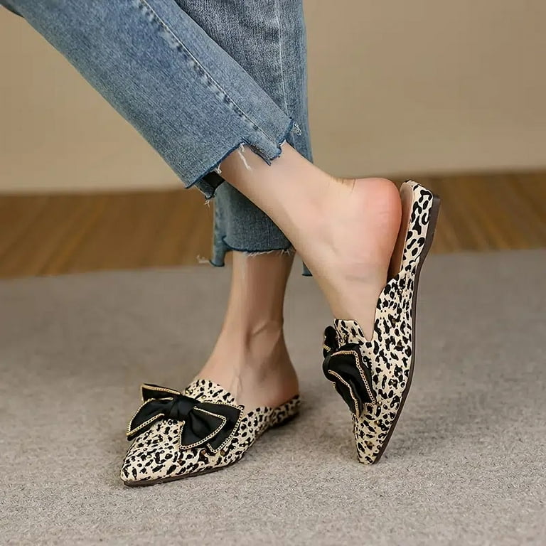 Women s Leopard Print Boe Tie Slippers Pointed Closed Toe Flat