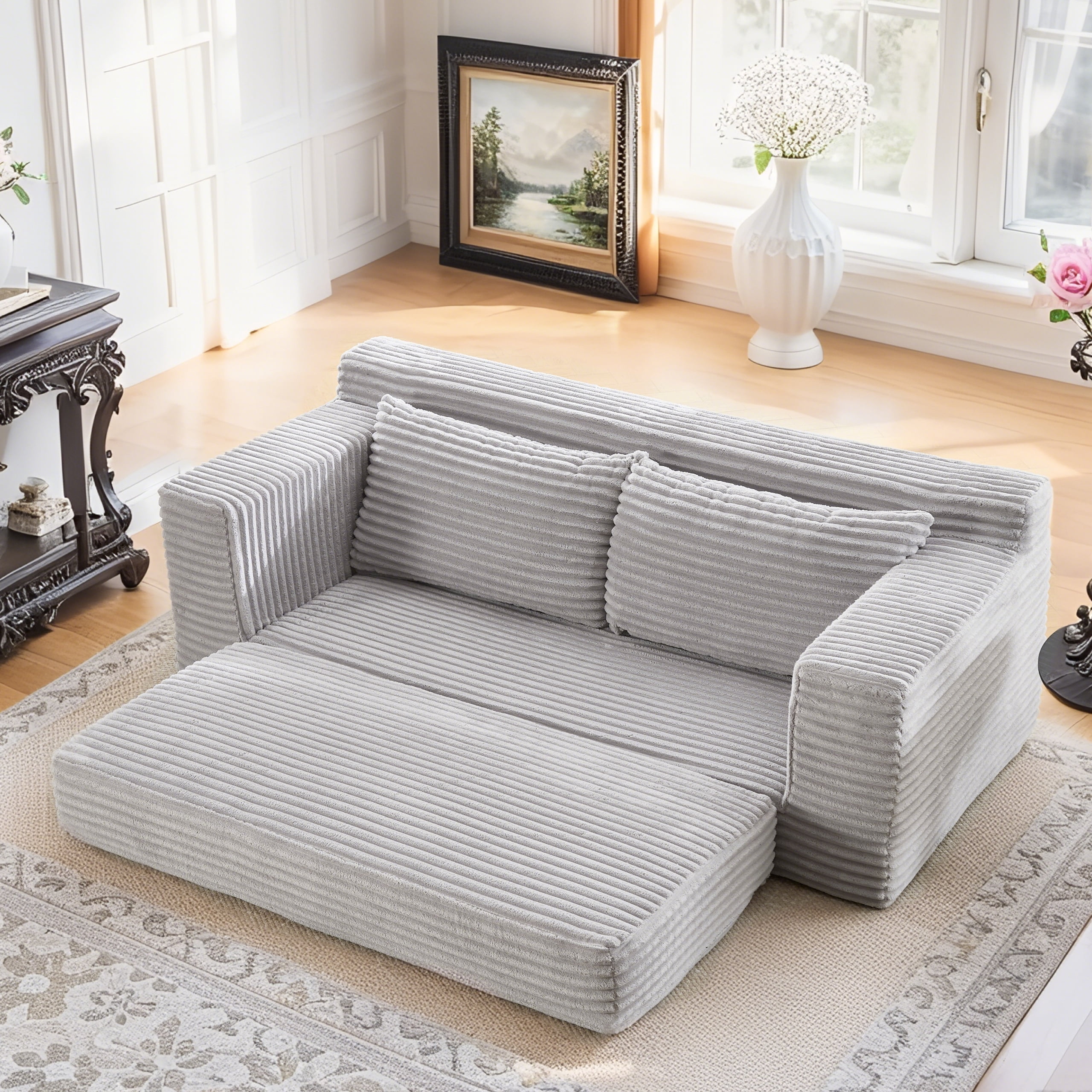 Miniyam Convertible Loveseat Sofa Bed with Memory Foam, Small Couch for Apartment, No Assembly, Corduroy, Gray