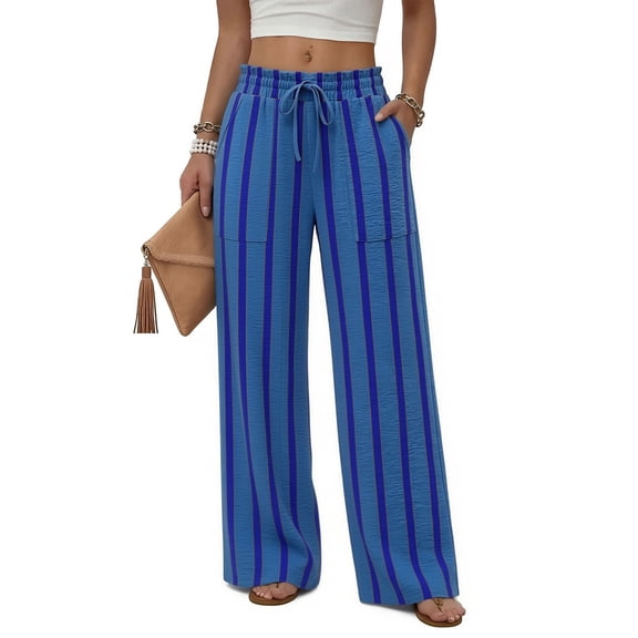 Dwellite Pants for Women Flowy Palazzo Drawstring Elastic Waist Trousers with Pockets Summer Beach Vacation Navy L