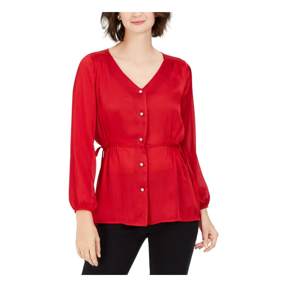 NY Collection - NY COLLECTION Womens Red Button Long Sleeve V Neck ...