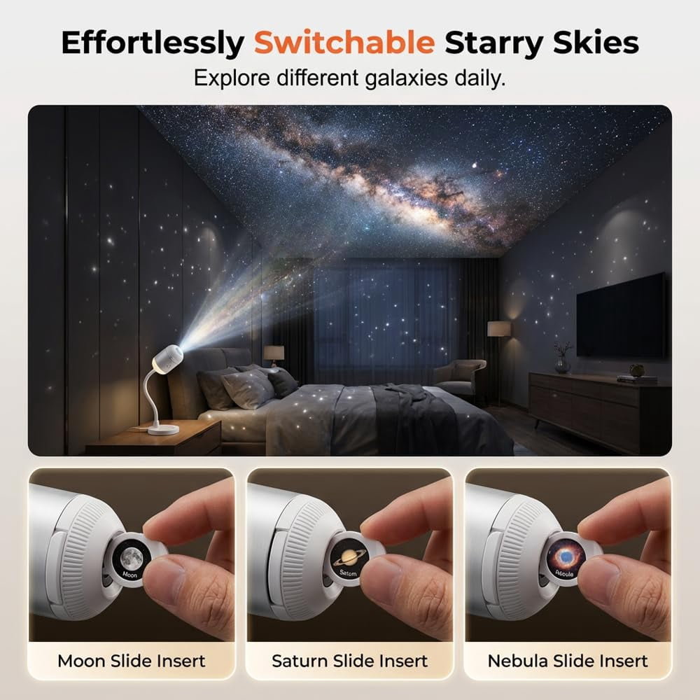 Plug‑and‑Play HD Star Projector, 2-in-1 Galaxy Projector Night Light, Portable Starry Sky Night Light Projector for Bedroom with Sliding Projection Films, Mini LED Nightlight Wall Lamp for Adults