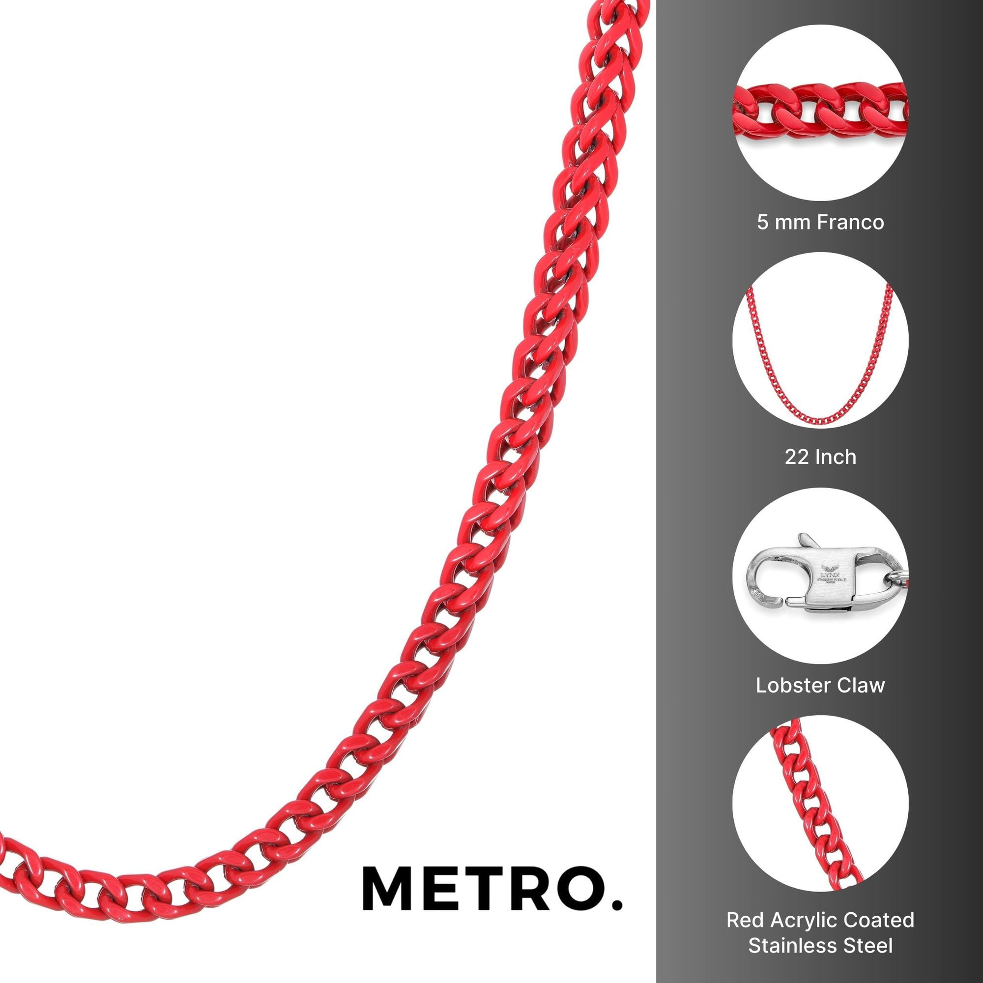 Metro Jewelry Men's Stainless Steel 5 MM Red Acrylic Thick Franco Chain Necklace - 22 Inches Long